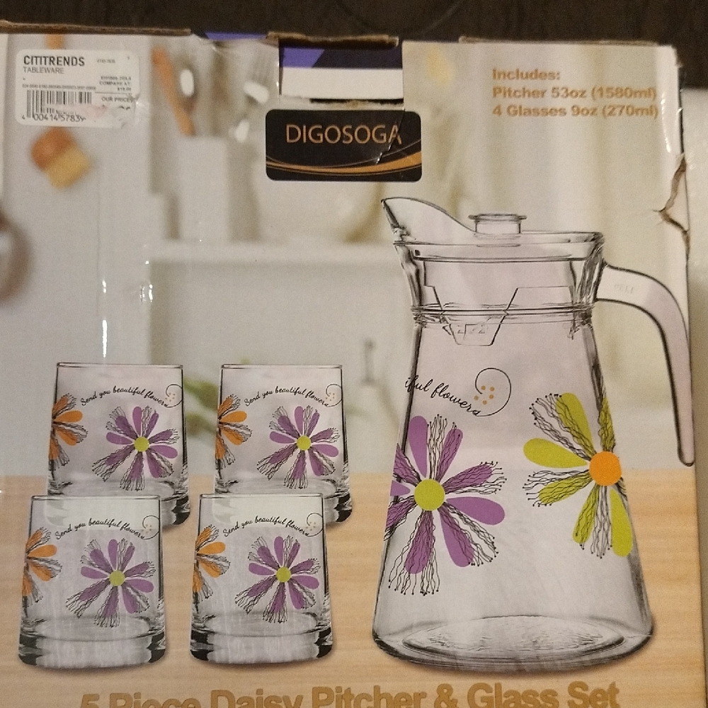 Digosoga Daisy Pitcher & Glass Set - Purple/Yellow Floral